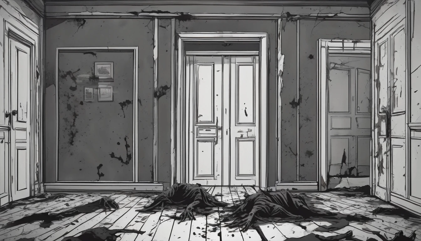 Make a room, with a dark apocalyptic setting, In this room there is a person looking at the door and wearing a backpack on their back., at the door there are 2 rotting zombies with exposed wounds and the zombies' eyes are yellow.