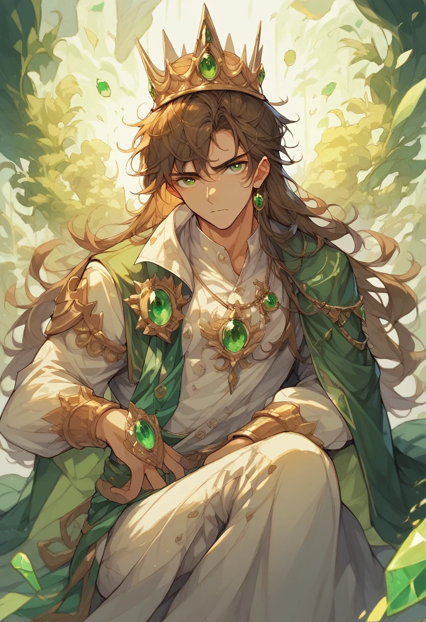 One royalty man sitting on the thrown, brown hair and emerald green eyes, with a crown on 