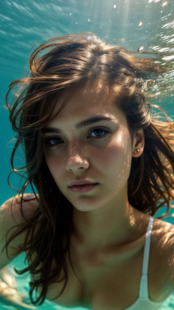 foreshortening, depth of field, masterpiece, best quality, brown hair, brown eyes, underwater, air bubble, solo, looking at viewer, dappled sunlight