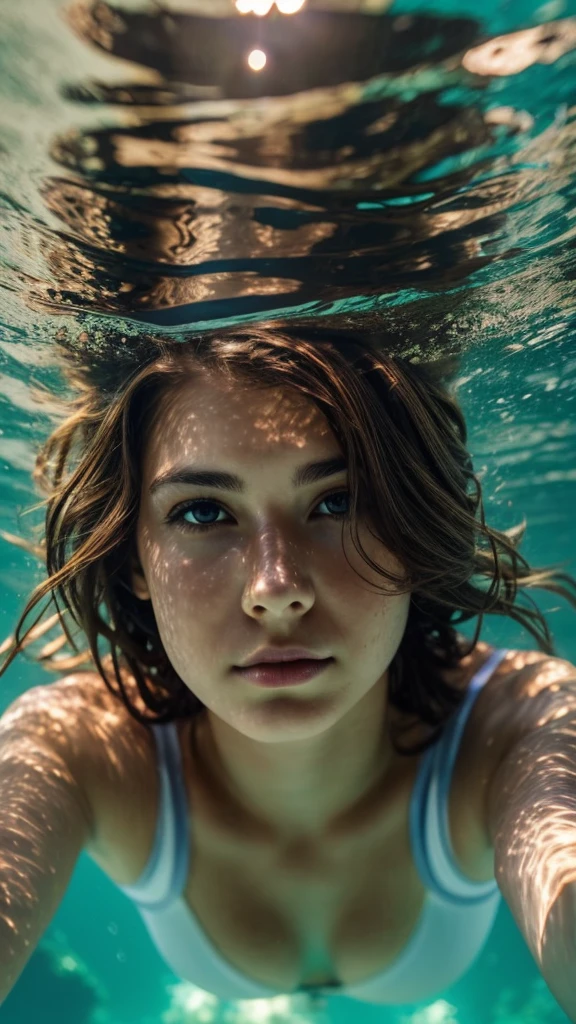 foreshortening, depth of field, masterpiece, best quality, brown hair, brown eyes, underwater, air bubble, solo, looking at viewer, dappled sunlight