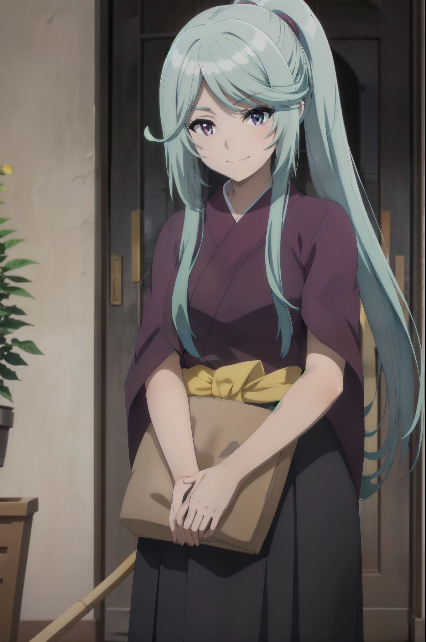 (purple,eyes,blue hair), in miko clothes cleaning the entrance of the Temple, , long hair, ponytail, white robe, (red hakama;1.45), straw broom, Tsurugaoka Hachimangu Temple, cute, kawaii, beautiful, smile posing, looking at viewer, (masterpiece, best quality:1.5) ,high resolution, extremely detailed, trending on pixiv, masterpiece, cinematic lighting, (anime art style:1.45),
