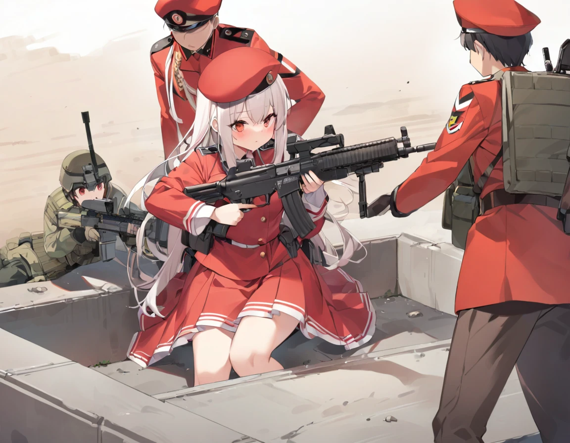 Girl getting into tank、A girl in a red military uniform、Girl with assault rifle