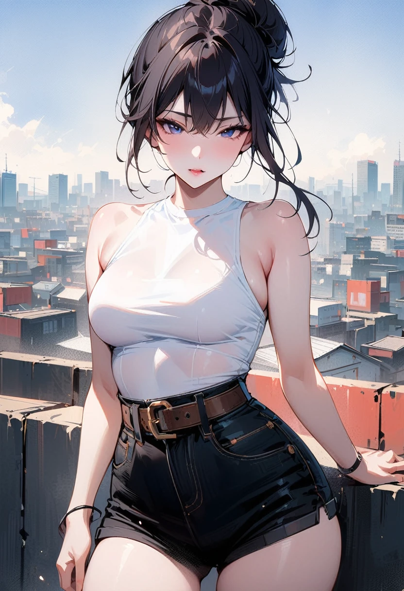 Big breasts,Big breasts,White skin tone,White face,White skin,White skin,white face,white face蛋(masterpiece, best quality:1.2), 1 girl, Solitary , Sexy , (cut off_Jean), White top ,Cowboy shooting, Black Hair ,Hair Bun, (Tokyo_background) , outdoor