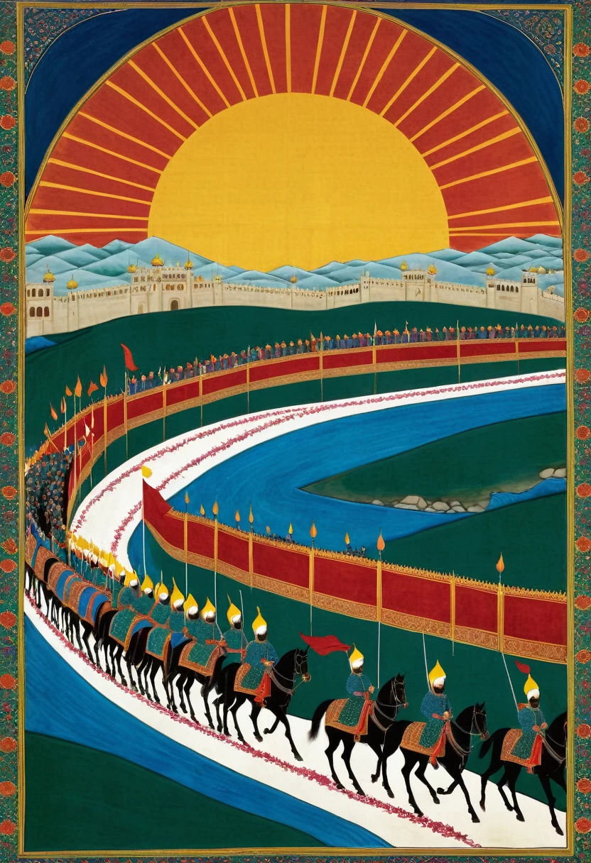 A long horizontal New Year's scroll painting in medieval Persian style showing a royal procession on horseback traveling to the palace for Nowruz celebrations. Soldiers carrying banners lead the Shah and his entourage over a bridge decorated with lanterns towards the rising sun.