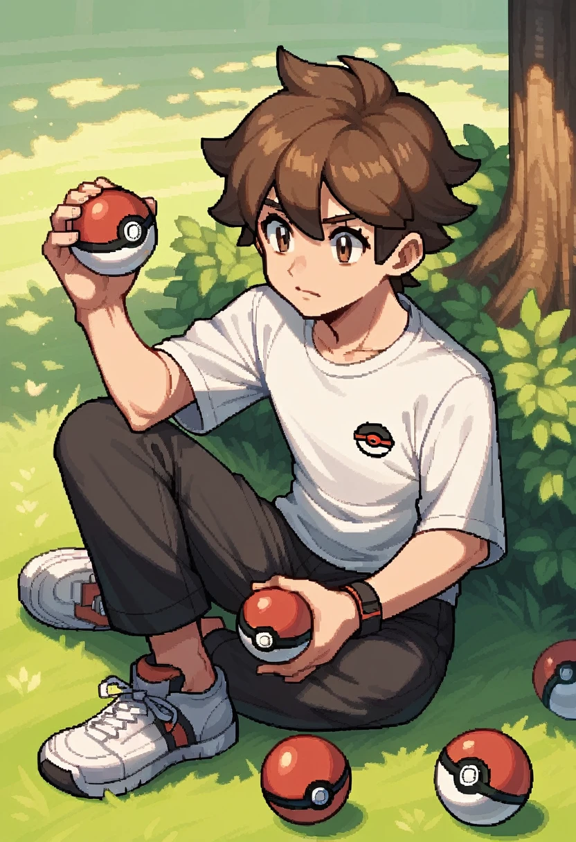 Pokemon trainer sprite, pixel art, sitting, holding a Poké Ball, brown hair, white shirt, black pants