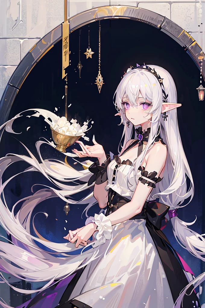 white hair , lush, long hair , elf ears , purple eyes , lifeless , Old and shabby white dress , dusty , dark , hurtful , 1 people , 独奏 , beggar , slave
