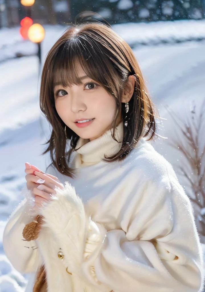 Holding a kitten、Photo from the waist up、Night city illumination shot、Cowgirl Shot、Fur coat、豪華なグレーのミンクのFur coat、Wear fine leather boots、Luxury Bags、Inner turtleneck、Silver necklace and small silver earrings Millionaire style:1.4))、Full body photo、smile、 Caustics、Highly detailed photos、Very beautiful woman 、Ample breasts、No makeup、(8K、RAW Photos、Highest quality、masterpiece:1.2)、(Realistic、Realistic)、1 Girl、((Medium Short Hair、Midwinter、Cold region Snow falling、The wind is blowing、Fluttering Hair、Blur the background、Colorful illuminations、Looking into the camera:1.4))、