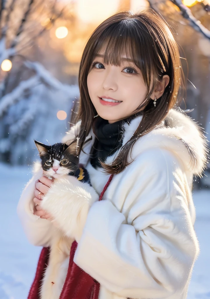 Holding a kitten、Photo from the waist up、Night city illumination shot、Cowgirl Shot、Fur coat、豪華なグレーのミンクのFur coat、Wear fine leather boots、Luxury Bags、Inner turtleneck、Silver necklace and small silver earrings Millionaire style:1.4))、Full body photo、smile、 Caustics、Highly detailed photos、Very beautiful woman 、Ample breasts、No makeup、(8K、RAW Photos、Highest quality、masterpiece:1.2)、(Realistic、Realistic)、1 Girl、((Medium Short Hair、Midwinter、Cold region Snow falling、The wind is blowing、Fluttering Hair、Blur the background、Colorful illuminations、Looking into the camera:1.4))、