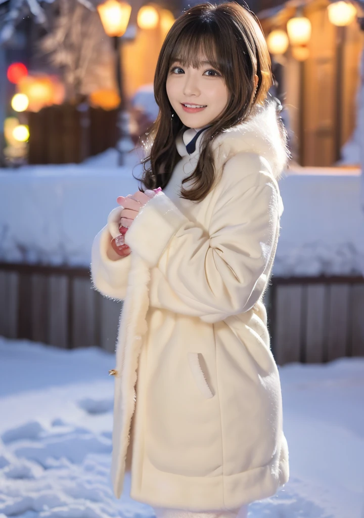 Holding a kitten、Photo from the waist up、Night city illumination shot、Cowgirl Shot、Fur coat、豪華なグレーのミンクのFur coat、Wear fine leather boots、Luxury Bags、Inner turtleneck、Silver necklace and small silver earrings Millionaire style:1.4))、Full body photo、smile、 Caustics、Highly detailed photos、Very beautiful woman 、Ample breasts、No makeup、(8K、RAW Photos、Highest quality、masterpiece:1.2)、(Realistic、Realistic)、1 Girl、((Medium Short Hair、Midwinter、Cold region Snow falling、The wind is blowing、Fluttering Hair、Blur the background、Colorful illuminations、Looking into the camera:1.4))、