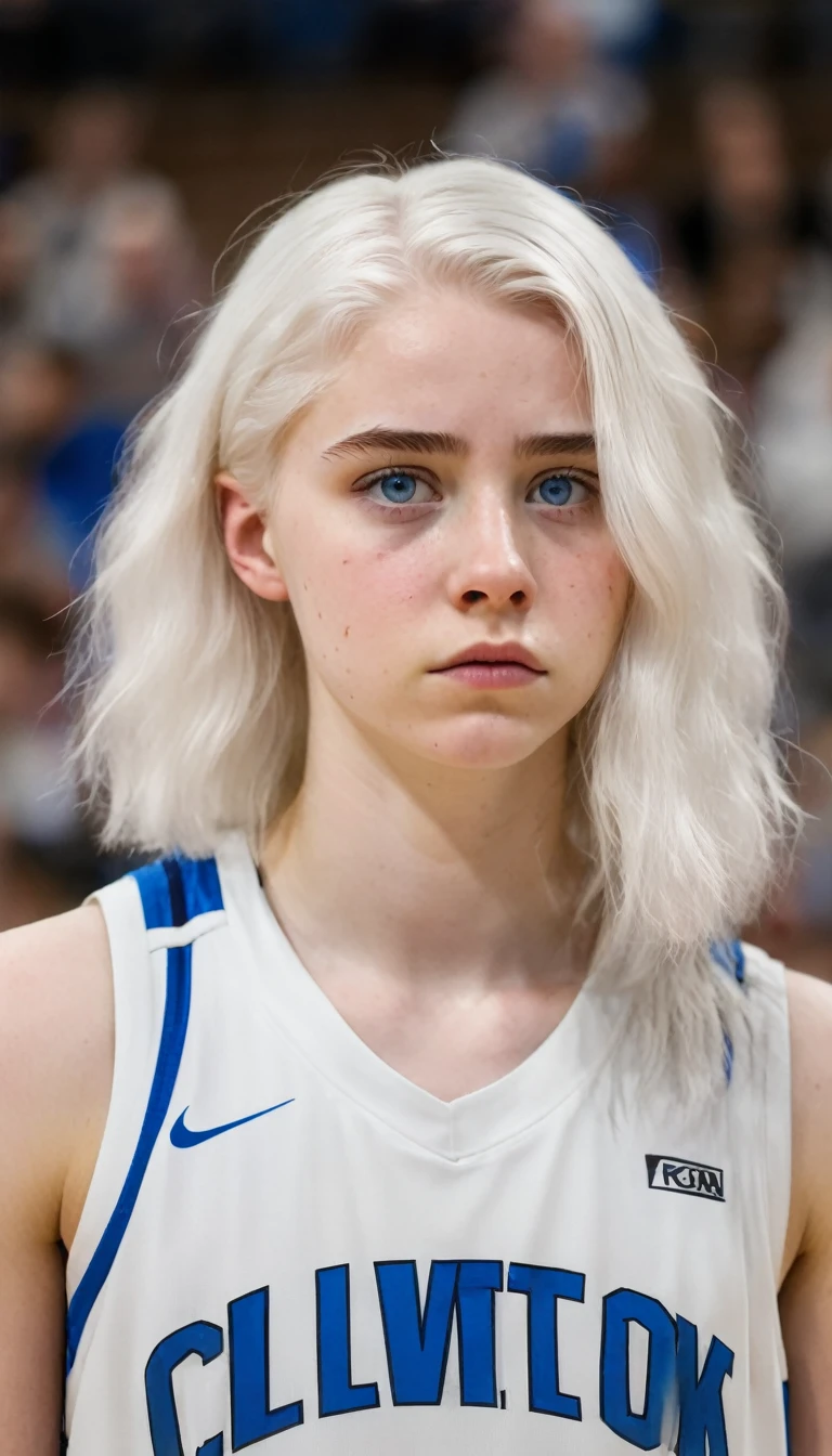 Basketball player, girl with white hair, white skin and blue eyes, with a disappointed face