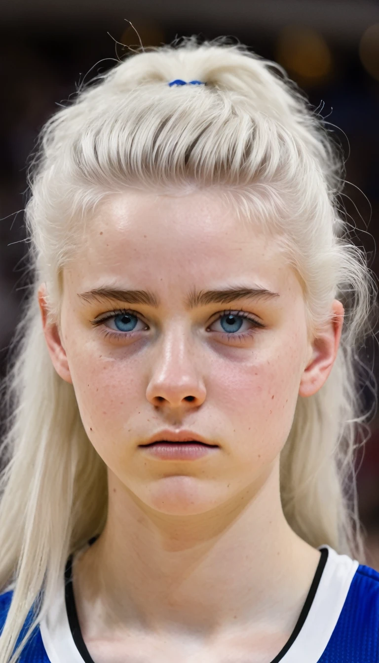 Basketball player,  16 year old girl with white hair, white skin and blue eyes, with a disappointed face