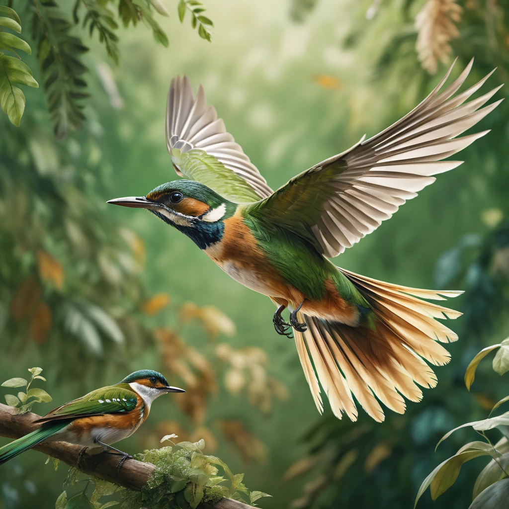 (best quality,4k,8k,highres,masterpiece:1.2),ultra-detailed,(realistic,photorealistic,photo-realistic:1.37),traditional illustration, bird flying, harmony, romanticism watercolor, earthy color palette, green background, detailed bird, detailed feathers, detailed wing movements, detailed environment, cinematic lighting, soft textures, vivid colors