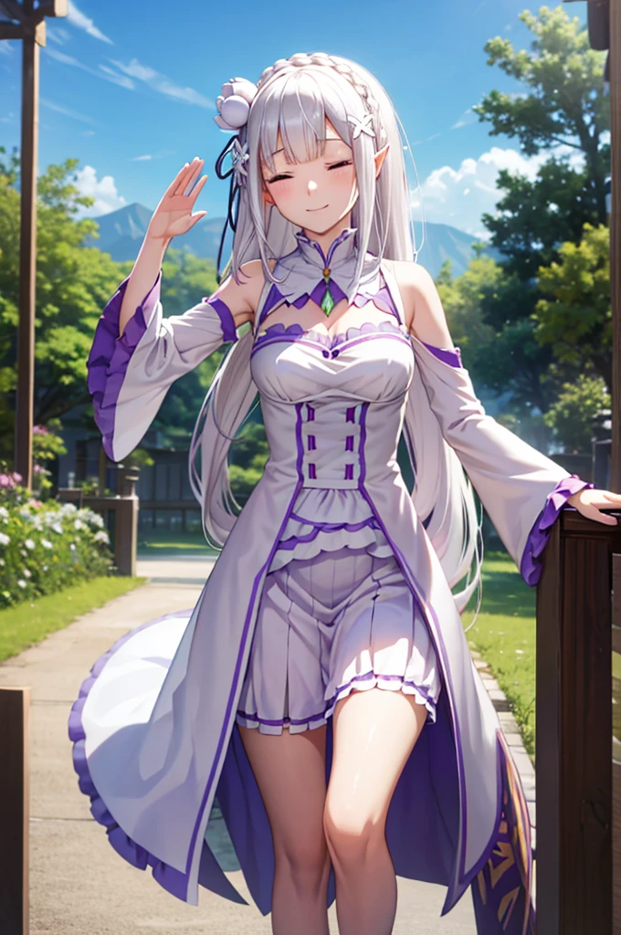 (masterpiece:1.3), (best quality:1.1), (8k, ultra detailed, ultra high res:1.2), ((anime style)), perfect 5 fingers, perfect anatomy,
1girl,
emilia\(re:zero\),
long hair, low-tied long hair, braid, crown braid,
white hair,
(shutting eyes:1.2),
pointy ears,
flower, hair flower, hair ornament, hair ribbon, white flower, x hair ornament,
BREAK medium breasts,
dress, pink dress, bare shoulders, detached collar, long sleeves, shoulder cutout, wide sleeves, white sleeves,
(smile:1.2),
looking at viewer,
cowboy shot,
BREAK standing, (Waving gesture:1.2), outdoor, forest, sky,