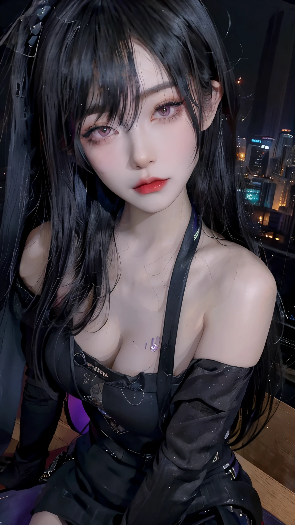 4k ultra high definition、best quality, masterpiece, Ultra-high resolution, (Reality: 1.4), 1 girl, Purple Eyes, Off-the-shoulder sweater dress, Light、purple and black hair、(My girl、My cosmetics)、(Danteidong、Large Breasts、Oversized off-the-shoulder black T-shirt、Dark miniskirt)、((Dark Makeup、Oily skin,有Light泽的皮肤、Realistic skin texture、Delicate and beautiful skin、容Light焕发的皮肤)), Dark city center at night、Kabukicho、Dark cyberpunk、(panoramic:1.8)