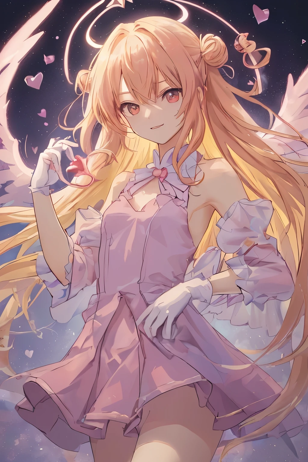 1_girl, (anime, kawai:2), (masterpeice, best_quality, simple, cute, dreamy, vibrant, clean:1.5), (cute, cute_smile, young:1.8), (delicate, beautiful, thin:1.5), (girlfriend, angel:1.6), (green_eyes, simple_eyes:1.5) (long_hair, blond_hair, wearing_pink_dress, pink_angel_wings, sexy_gloves:1.8), extremely_delicate, (love_magic:1.5), (age_size_fits_body), (small_thighs:1.3), (breasts), (eye_level:1.3), (heart_magic, love:1.5),