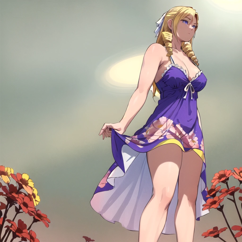 (Masterpiece, plain background:1.2, far shot view from below angle,1chica 1solo) de pie cuerpo completo, mujer madura, morimoto_leona, blonde_hair, drill hair, blue eyes, large breasts, standing, floral sundress