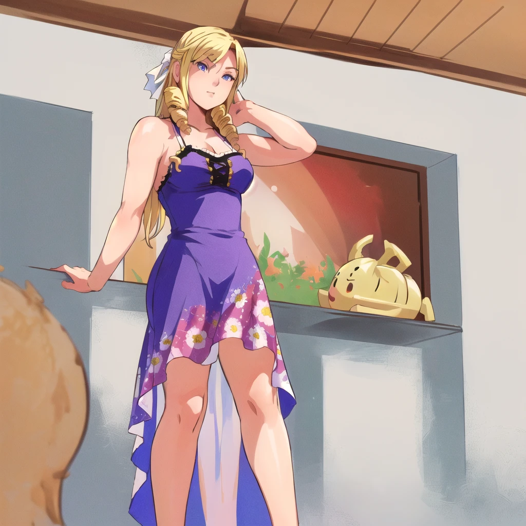 (Masterpiece, plain background:1.2, far shot view from below angle,1chica 1solo) de pie cuerpo completo, mujer madura, morimoto_leona, blonde_hair, drill hair, blue eyes, large breasts, standing, floral sundress