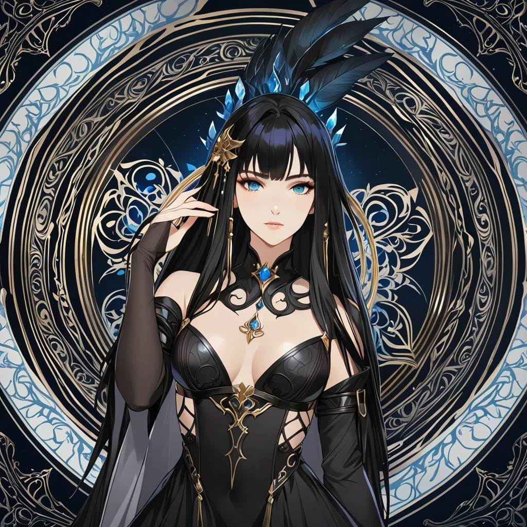 masterpiece, best quality, 1woman adult, female focus, solo, black hair, vibrant blue eyes, long hair, looking at viewer, closed mouth, bangs, Fantasy aesthetics, Highly detailed, shadowverse style, black attire, sorceress