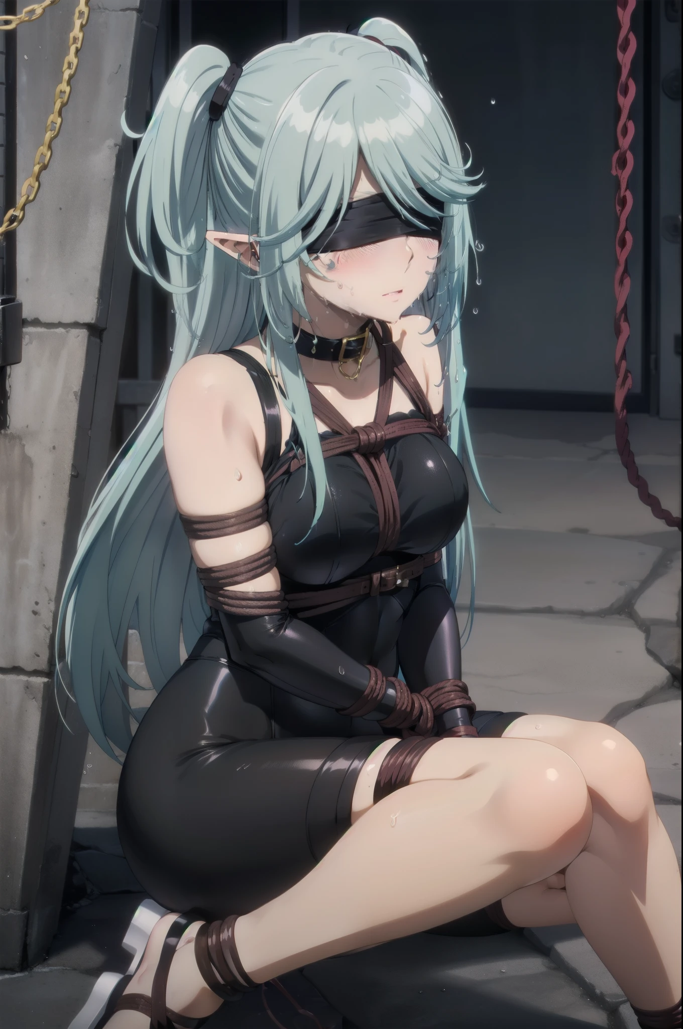 dark blue hair,,long hair,purple eyes,pointy ears,elf,tall,black tight body suit,bondage,tied up,bound,tied wrist,tied legs,((blindfold)),blush,wet,sweat,rope.collar,leash