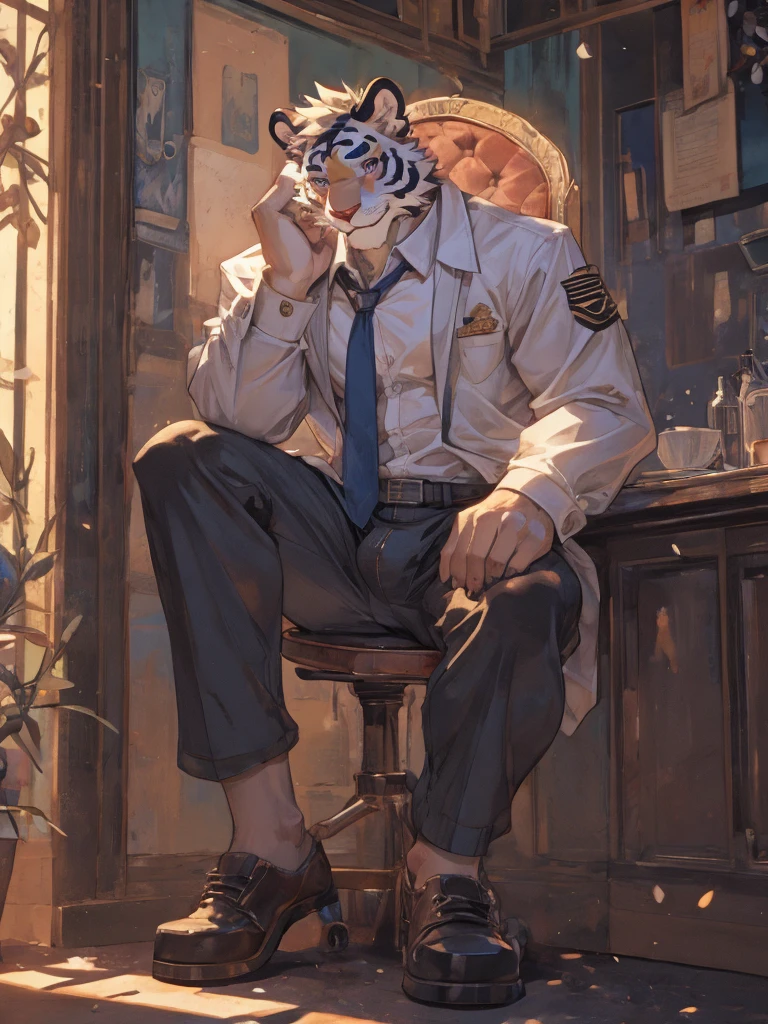 {{bara extremely handsome white tiger,}} {{white fur,}} white, wearing military like purple trench coat, purple trousers, white dress shirt and necktie, white fluffy furry body and limbs, loafers, very tall, very broad shoulders, narrow waist, muscular arms, massive pecs, purple eyes, very long legs,  sitting on swivel chair with legs spread, massive bulge, reading file, sophisticated hot look, full body, sunlight casting over, 3/4 view, best quality, high quality, silver earring on left ear, sultry smirk