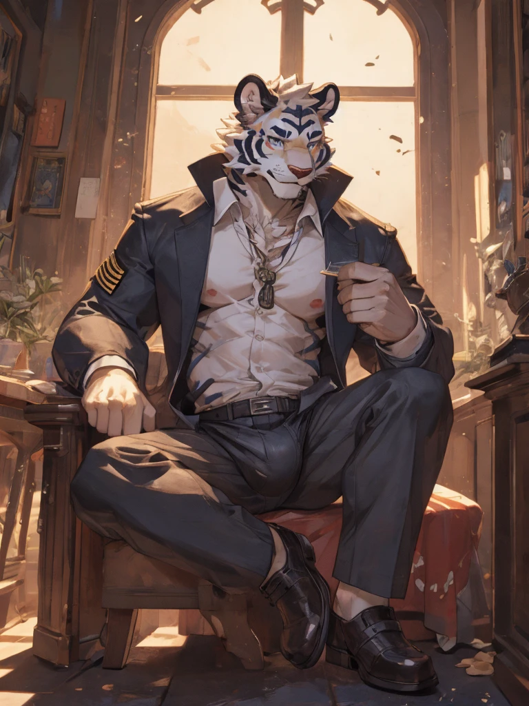 {{bara extremely handsome white tiger,}} {{white fur,}} white, wearing military like purple trench coat, purple trousers, white dress shirt and necktie, white fluffy furry body and limbs, loafers, very tall, very broad shoulders, narrow waist, muscular arms, massive pecs, purple eyes, very long legs,  sitting on swivel chair with legs spread, massive bulge, reading file, sophisticated hot look, full body, sunlight casting over, 3/4 view, best quality, high quality, silver earring on left ear, sultry smirk