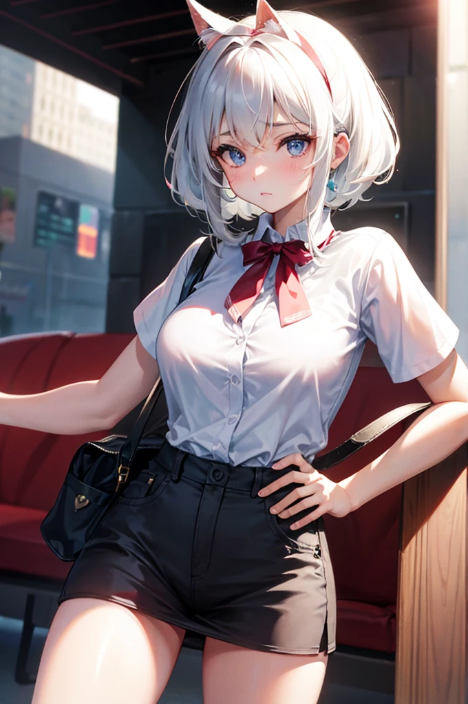 Acme Face、Looks like she's about to cum、Glamorous expression、(nsfw:1.7)、nose blush、sweat、1 boy、bitch、POV shooter、Chest grab、blush、Embarrassed look、saliva、1 boy、POV shooter、Chest grab、Small breasts、手でhide、skill、、hide、Black Skirt、、blush、、Embarrassed look、Japanese、Black Skirt、ahegao、No bra、Light cream colored hair、Short Hair、Red eyes、blush、、Perfect hands、Fine hand、Inside the train、、Good hands、