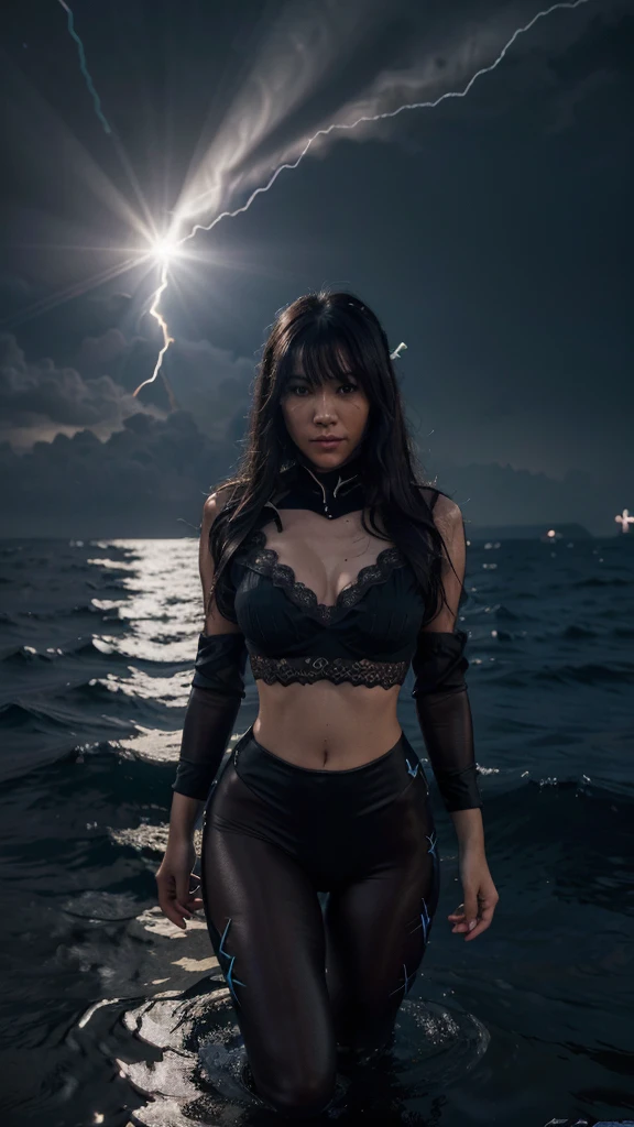 high resolution, 8K, absurderes, realisitic, (front viewer:1.5), Lens flare, GOD_lightning strikes,
1 girl, Bblack hair, legging sexy, lace cropped top,
(mar_to divide:1.55), Division of the sea, ripples, water, ocean,