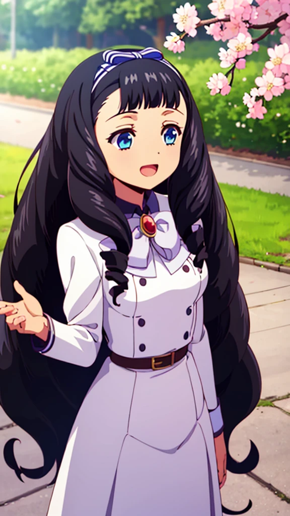 masterpiece, best quality, highres, 1girl, solo, helona_1, blue eyes, black hair,long hair,hair bow,hairband,very long hair, drill hair, bangs,small breasts, medium breast, large breast, happy, open mouth, outdoors, cherry blossom
