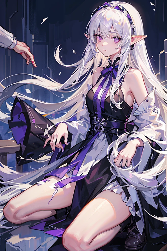 white hair , lush, long hair , elf ears , purple eyes , lifeless , Old and shabby white dress , dusty , dark , hurtful , Bloody , 1 people , 独奏 , dark 방 , night background