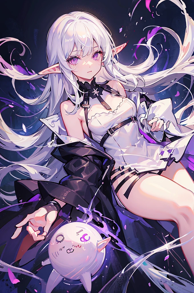 white hair , lush, long hair , elf ears , purple eyes , lifeless , Old and shabby white dress , dusty , dark , hurtful , Bloody , 1 people , 独奏 , dark 방 , night background