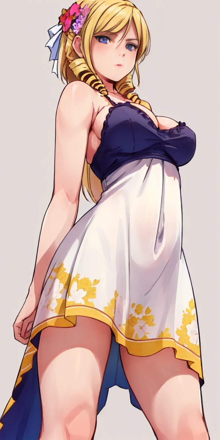 (Masterpiece, plain background:1.2, far shot view from below angle,1chica 1solo) de pie cuerpo completo, mujer madura, morimoto_leona, blonde_hair, drill hair, blue eyes, large breasts, standing, floral sundress