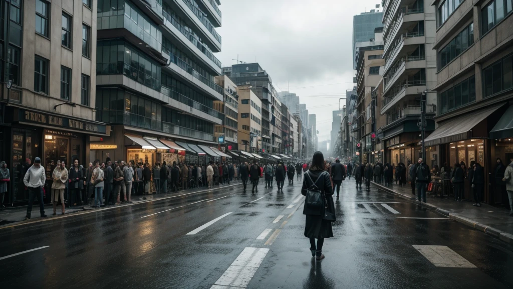 Cinematic, medium shot of a bustling street suddenly quiet, people looking confused and scared, realistic portrayal, urban setting, overcast sky, growing tension.
