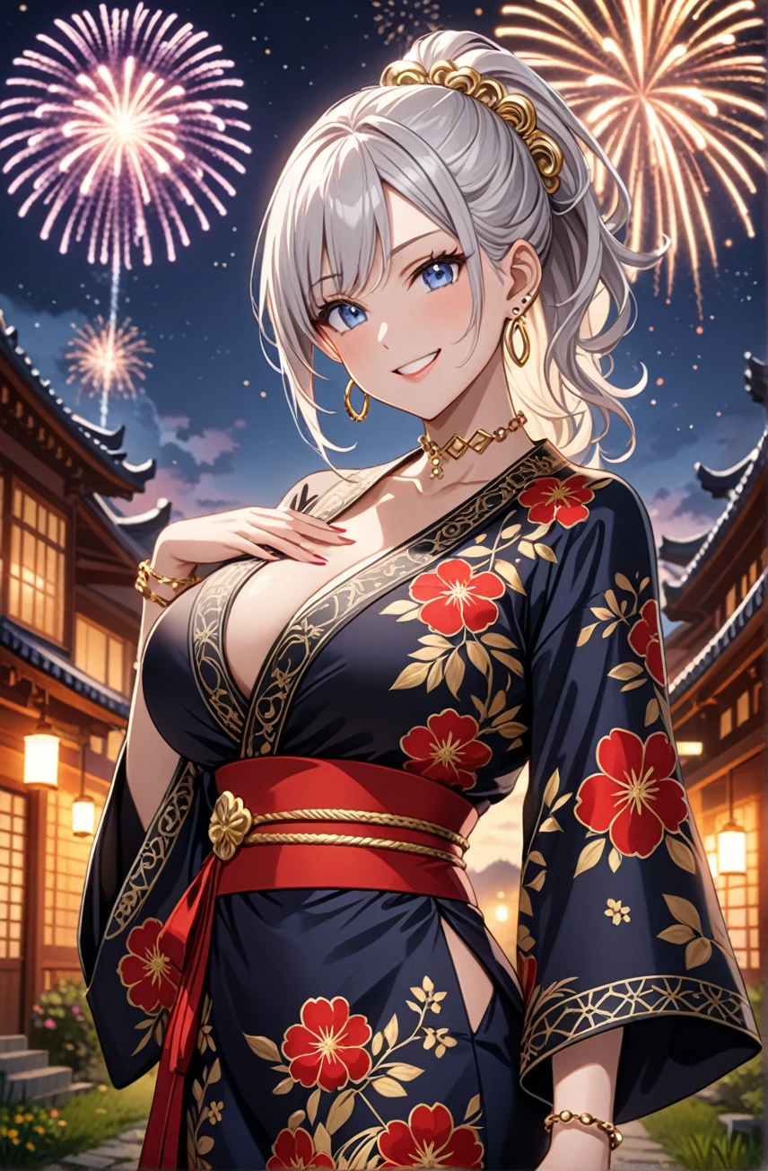((One personの女性)), Beautiful Face, (Laughing embarrassedly), ((smirk:1.2)), ((Wink:1.3)), (head tilt:1.3), upper teeth, looking at viewer, ((full-face brash:1.5)), ((Big Breasts:1.3)), Night view,Countryside landscape, firework, Glossy Red Lips, (Shining Face), ((Anime style background)),masterpiece, Highest quality, so beautiful,up to date, Complex details, (Pink long nails), (nail art), (ring),(bracelet),(Floral choker), (gold helix piercing:1.7), AI-generated, Complex,High resolution, Highest quality, super high quality,3D Images、3D Images,One person,Long white hair,High Ponytail, Anime woman posing for a photo, ((silver eyes:1.5)), ((Fine grain、blue eyes、Shining Eyes:1.4)), (Squint your eyes:1.1),a hyperRealistic , hyperRealistic , Realistic,Anime woman with long white hair, Smooth anime CG art, (A woman in a colorful kimono with gold embroidery), ((Black long sleeve kimono:1.3)), Red floral pattern,Long flower hair ornament,Earrings,Mature Body,Tall,Abdominal muscles,Tight waist, ((Zoom in on face:1.5)), (front view:1.3),