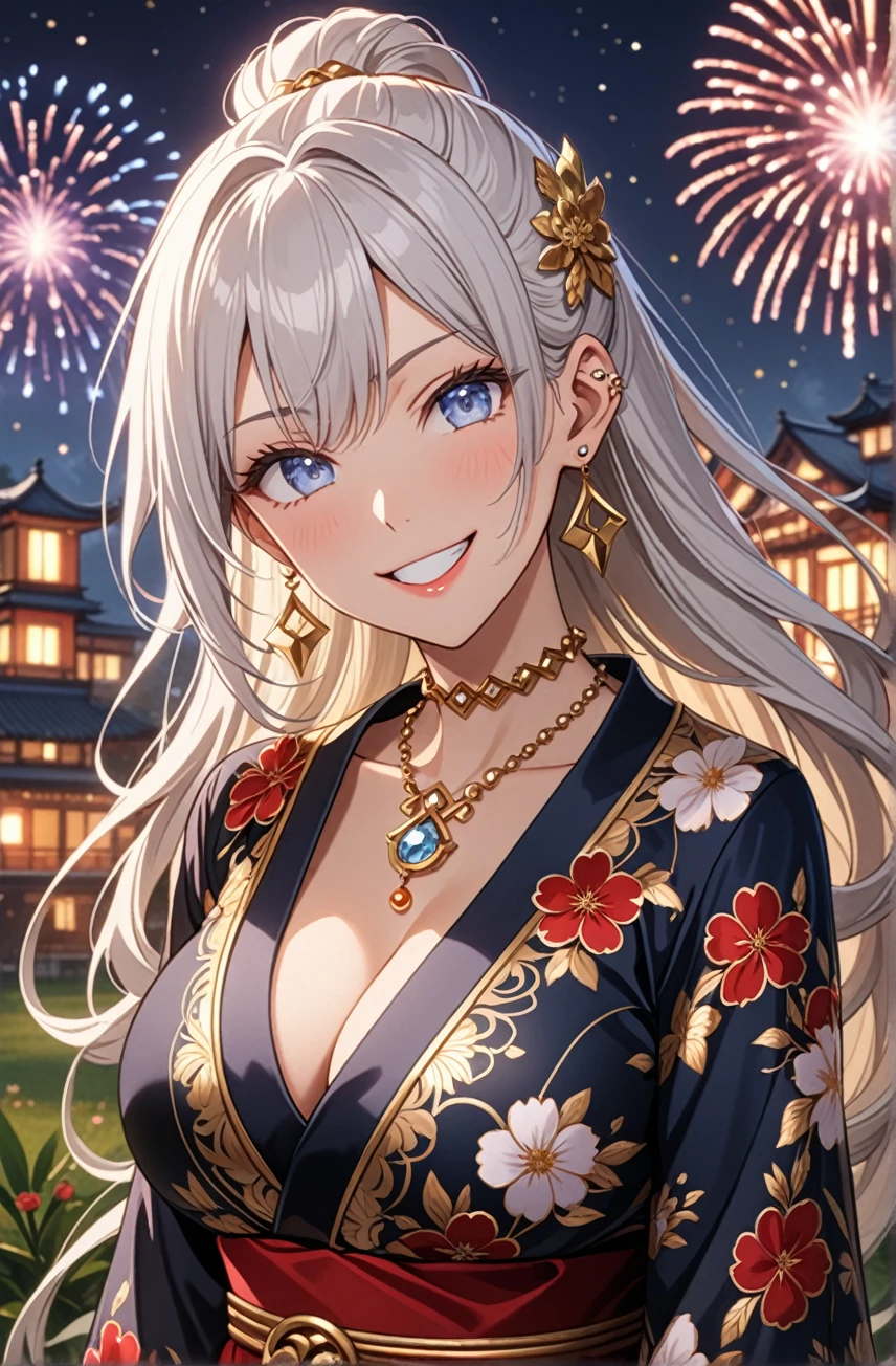 ((One personの女性)), Beautiful Face, (Laughing embarrassedly), ((smirk:1.2)), ((Wink:1.3)), (head tilt:1.3), upper teeth, looking at viewer, ((full-face brash:1.5)), ((Big Breasts:1.3)), Night view,Countryside landscape, firework, Glossy Red Lips, (Shining Face), ((Anime style background)),masterpiece, Highest quality, so beautiful,up to date, Complex details, (Pink long nails), (nail art), (ring),(bracelet),(Floral choker), (gold helix piercing:1.7), AI-generated, Complex,High resolution, Highest quality, super high quality,3D Images、3D Images,One person,Long white hair,High Ponytail, Anime woman posing for a photo, ((silver eyes:1.5)), ((Fine grain、blue eyes、Shining Eyes:1.4)), (Squint your eyes:1.1),a hyperRealistic , hyperRealistic , Realistic,Anime woman with long white hair, Smooth anime CG art, (A woman in a colorful kimono with gold embroidery), ((Black long sleeve kimono:1.3)), Red floral pattern,Long flower hair ornament,Earrings,Mature Body,Tall,Abdominal muscles,Tight waist, ((Zoom in on face:1.5)), (front view:1.3),