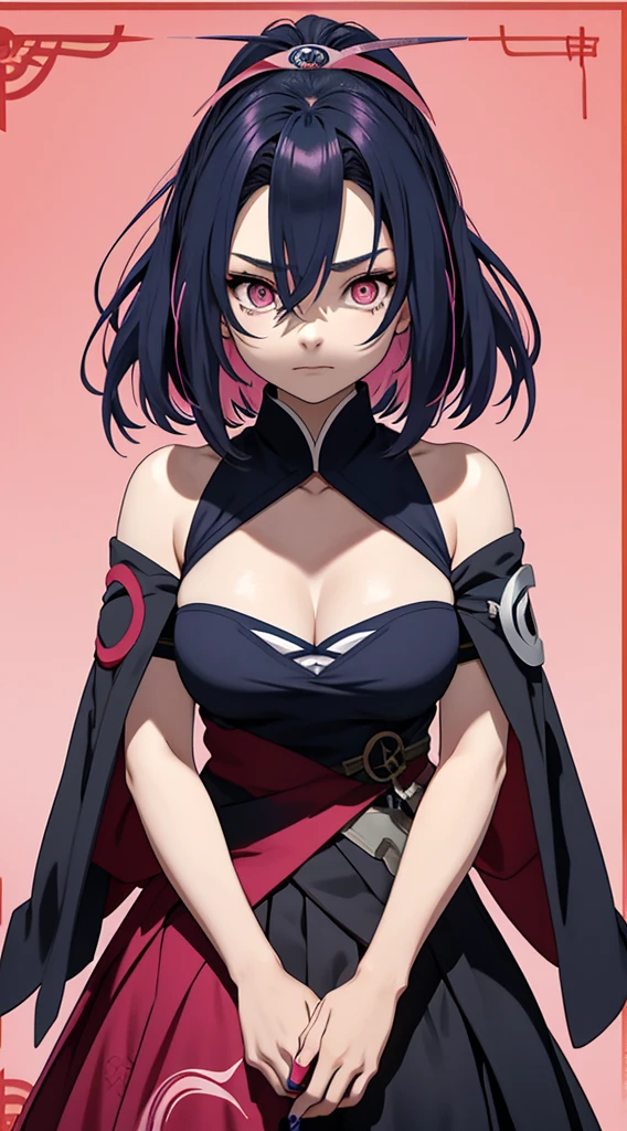 Create a demon slayer, with a blue star haori, Collect, black hair, height of 1.55, pink streaks in her hair, 16 years old and serious, with pink eyes, dull and with a voluptuous chest