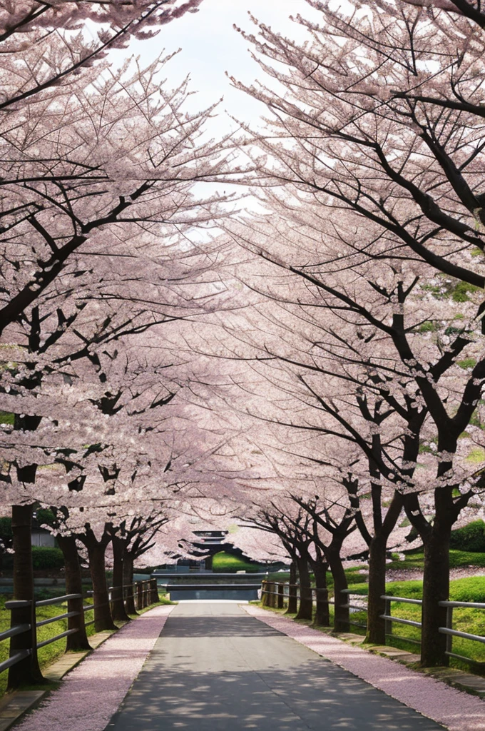 Vertical landscape, high quality, monte Fujii, Torii, cherry trees, spring, without people, anime