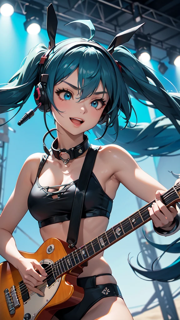 A masterpiece of a young woman, showcasing her unique style and musical talents. Outside on a beach stage, she stands confidently with one leg slightly raised, her electric guitar slung over her shoulder. Her striking features include piercing blue eyes, a twintail adorned with teal hair extensions, two piece black bikini that accentuates her toned physique, while headphones wrap around her neck, a symbol of her passion for music. As she plays the guitar, her long hair cascades down her back, a mesmerizing sight as she sings with conviction, smiling, upper body,