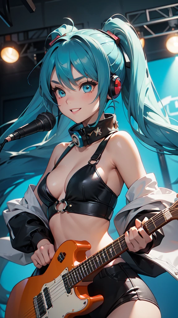 A masterpiece of a young woman, showcasing her unique style and musical talents. Outside on a beach stage, she stands confidently with one leg slightly raised, her electric guitar slung over her shoulder. Her striking features include piercing blue eyes, a twintail adorned with teal hair extensions, two piece black bikini that accentuates her toned physique, while headphones wrap around her neck, a symbol of her passion for music. As she plays the guitar, her long hair cascades down her back, a mesmerizing sight as she sings with conviction, smiling, upper body,