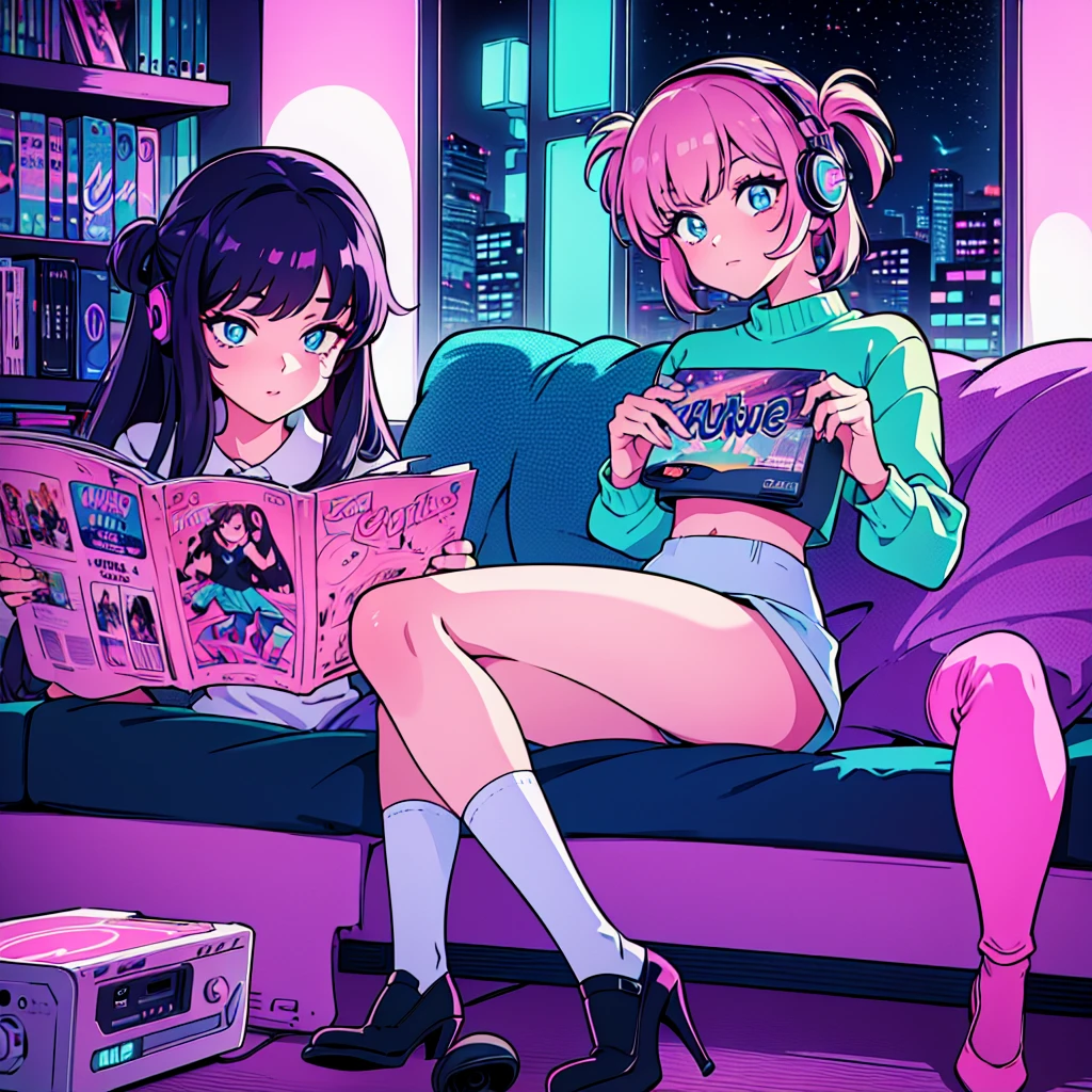 (masterpiece), Highest quality, Expressive eyes, Neon pastel aesthetics, Retro 90s, Neon color,((Girl sitting on sofa,In a cozy room,Records hanging on her wall, Comic books on the floor, Looking out the window behind her at the night city, Upholstered room, Anime figures lined up on a shelf)), Wearing headphones, (All around her it sparkles), (Wearing high socks and heels), (blue eyes), (Soft look), (Synthwave Art Style), Colorful Hair, Desk with PC set up