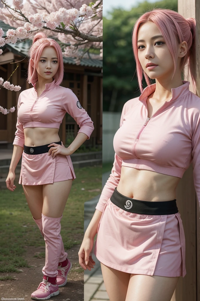 1girl, 1girl sakura full body, Sakura Haruno, Sakura Haruno naruto shippuden, haruno sakura, (anime: naruto). Sakura stands tall, her emerald eyes gleaming with determination, and her pink hair flowing like a cascade of cherry blossoms. Her form is a perfect blend of strength and femininity, every curve accentuated by her iconic pink attire. Clad in a fashionable yet practical outfit, Sakura exudes confidence and grace. Her attire, designed for both style and combat, reflects her resilience and individuality. With each movement, she commands attention, embodying the spirit of a true kunoichi. Presented in ultrasharp detail and captured in stunning 4k resolution, Sakura's presence is captivating. Whether in battle or at rest, she remains a symbol of strength and beauty in the world of Naruto.