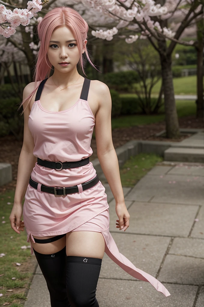 1girl, 1girl sakura full body, Sakura Haruno, Sakura Haruno naruto shippuden, haruno sakura, (anime: naruto). Sakura stands tall, her emerald eyes gleaming with determination, and her pink hair flowing like a cascade of cherry blossoms. Her form is a perfect blend of strength and femininity, every curve accentuated by her iconic pink attire. Clad in a fashionable yet practical outfit, Sakura exudes confidence and grace. Her attire, designed for both style and combat, reflects her resilience and individuality. With each movement, she commands attention, embodying the spirit of a true kunoichi. Presented in ultrasharp detail and captured in stunning 4k resolution, Sakura's presence is captivating. Whether in battle or at rest, she remains a symbol of strength and beauty in the world of Naruto.