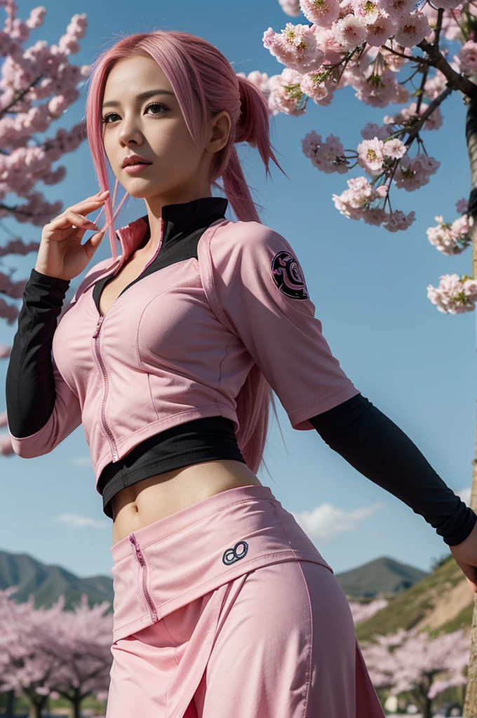 1girl, 1girl sakura full body, Sakura Haruno, Sakura Haruno naruto shippuden, haruno sakura, (anime: naruto). Sakura stands tall, her emerald eyes gleaming with determination, and her pink hair flowing like a cascade of cherry blossoms. Her form is a perfect blend of strength and femininity, every curve accentuated by her iconic pink attire. Clad in a fashionable yet practical outfit, Sakura exudes confidence and grace. Her attire, designed for both style and combat, reflects her resilience and individuality. With each movement, she commands attention, embodying the spirit of a true kunoichi. Presented in ultrasharp detail and captured in stunning 4k resolution, Sakura's presence is captivating. Whether in battle or at rest, she remains a symbol of strength and beauty in the world of Naruto.