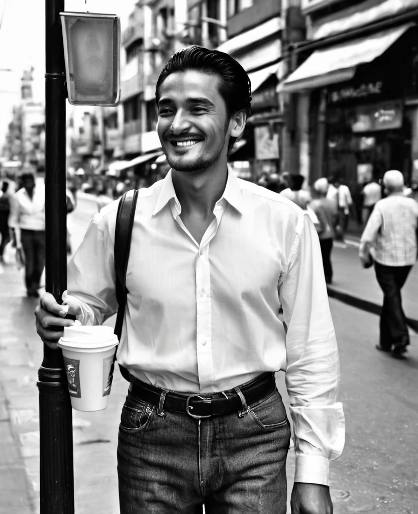 “In a bustling city, a thirty year old man stands out from the crowd. With his imposing height of 1,80 meters, walk confidently through the streets. He is wearing a slightly loose white shirt., which contrasts with his tan and reveals his strong arms and pectorals. His stubble is carefully trimmed., giving it a sophisticated yet rebellious air. His dark hair, short and slicked back, reveals a broad forehead and a penetrating gaze.

While waiting for the traffic light to change, casually leans against a lamppost. She wears tight jeans that frame her firm butt and worn leather boots that give her an adventurous look.. in his right hand, holds a cup of coffee, enjoying the aroma while watching the people around you. With a kind gesture, give way to an elderly woman crossing the street.

Suddenly, your phone rings, interrupting the moment. with a smile, He answers and walks away from the crowd a little.. His deep, calm voice resonates as he talks to someone close to him.. It seems like an important conversation., full of laughter and animated gestures. The thirty year old man, with its strong and at the same time warm presence, exudes charisma and a feeling of home.”
