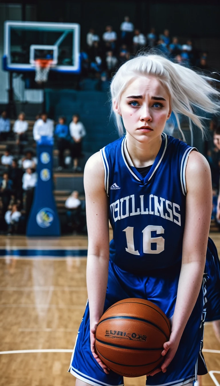 Basketball player, 16 year old girl with white hair, white skin and blue eyes, with a disappointed face