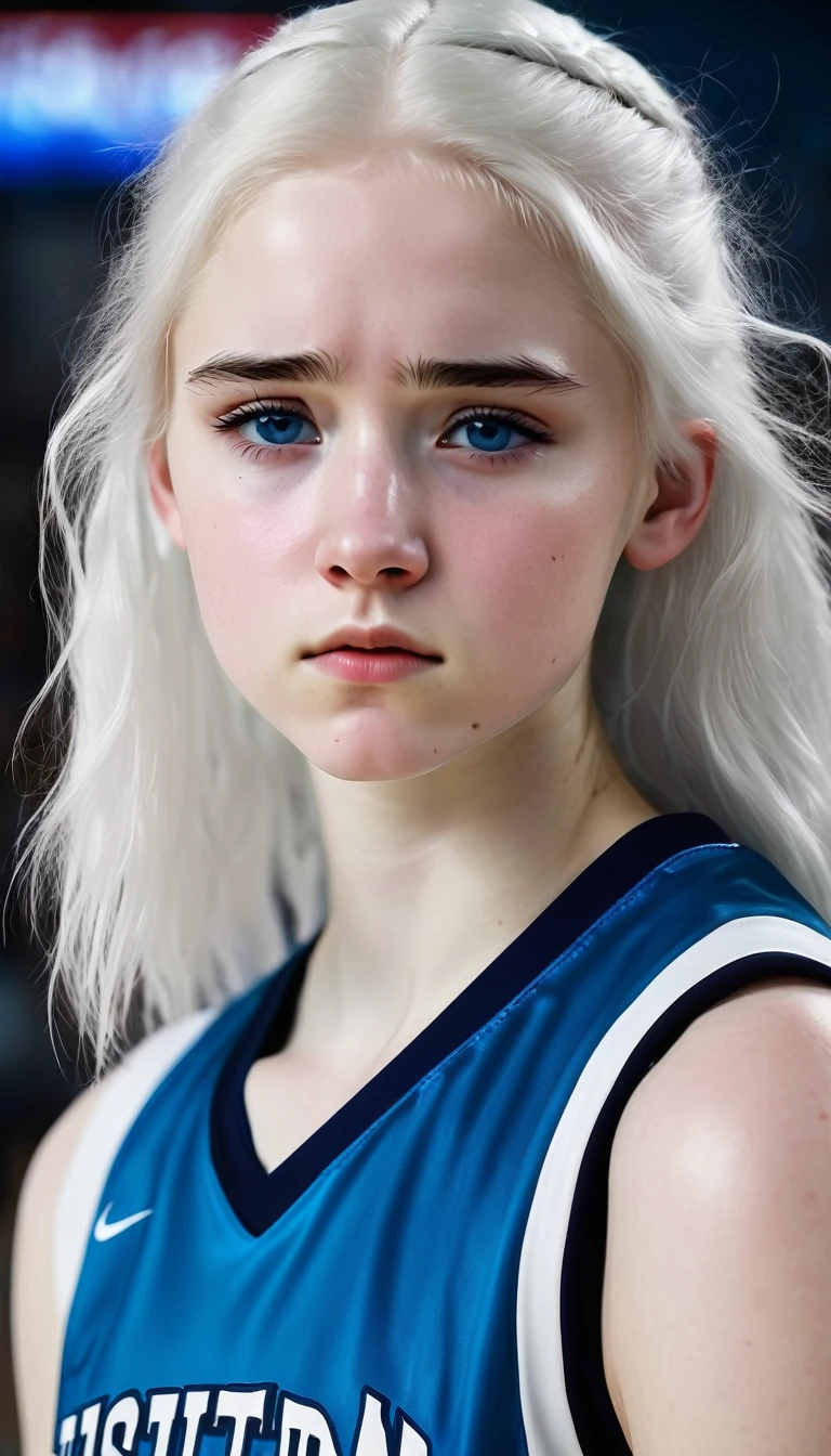 Basketball player, 16 year old girl with white hair, white skin and blue eyes, with a disappointed face