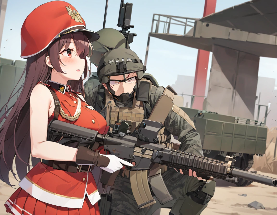 tank、tankに乗り込む少女、A girl in a red military uniform、Girl with assault rifle