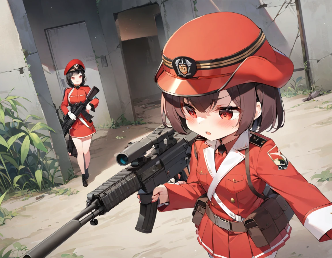 tank、tankに乗り込む乳首がたっている巨乳少女、A small-breasted girl in a bright red military uniform、Girl with assault rifle