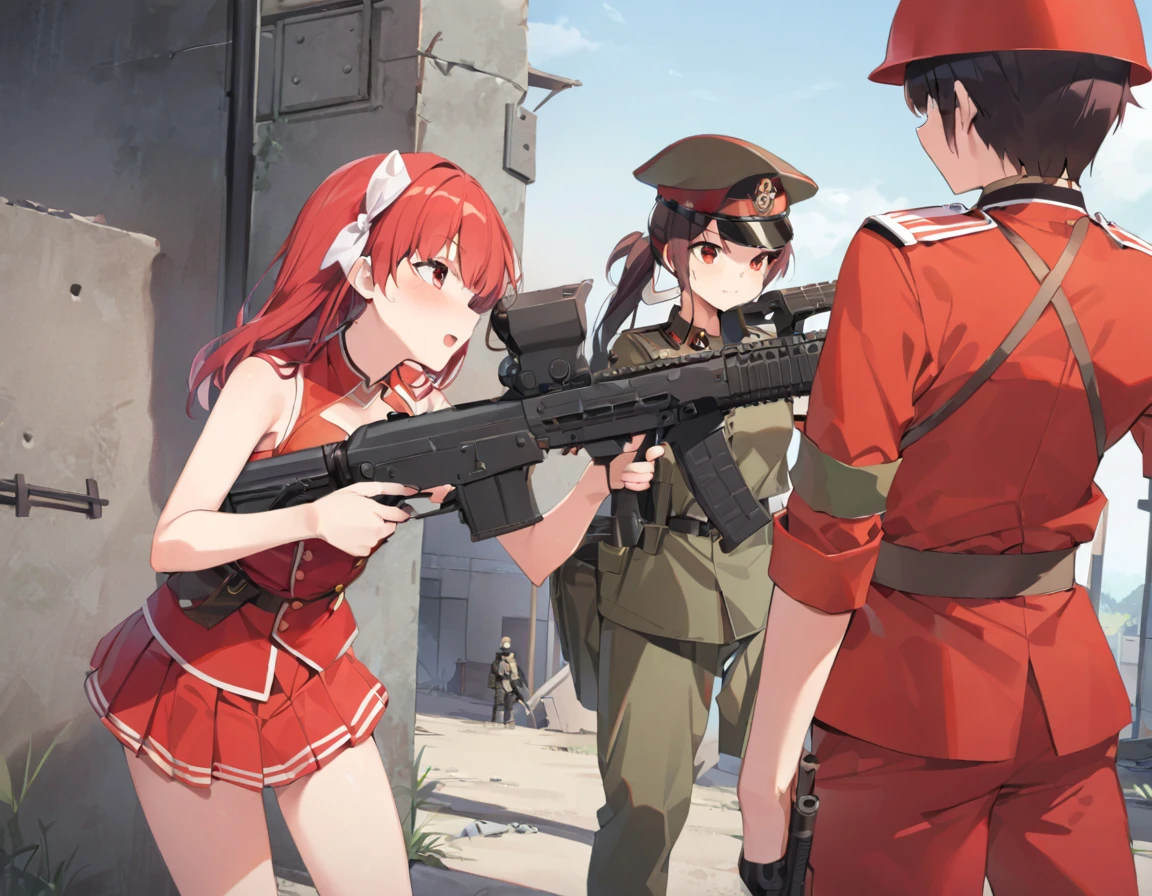 tank、tankに乗り込む少女、A girl in a red military uniform、Girl with assault rifle