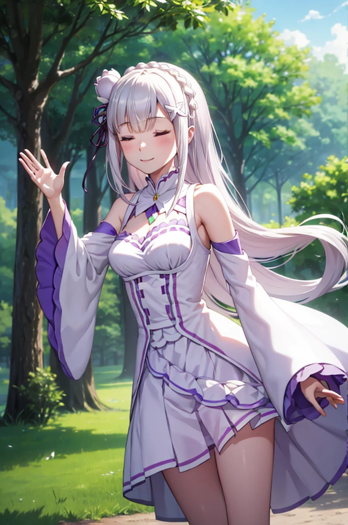 (masterpiece:1.3), (best quality:1.1), (8k, ultra detailed, ultra high res:1.2), ((anime style)), perfect 5 fingers, perfect anatomy, 
1girl,
emilia\(re:zero\),
long hair, low-tied long hair, braid, crown braid, 
white hair, 
(shutting eyes:1.2), 
(pointy ears:0.8), 
flower, hair flower, hair ornament, hair ribbon, white flower, x hair ornament, 
BREAK medium breasts, 
dress, pink dress, bare shoulders, detached collar, long sleeves, shoulder cutout, wide sleeves, white sleeves, 
(smile:1.2), 
looking at viewer, 
cowboy shot, 
BREAK standing, (Waving gesture:1.2), outdoor, forest, sky, 