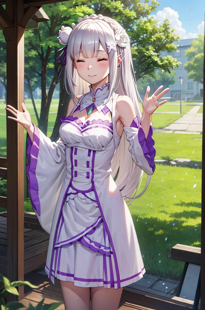 (masterpiece:1.3), (best quality:1.1), (8k, ultra detailed, ultra high res:1.2), ((anime style)), perfect 5 fingers, perfect anatomy,
1girl,
emilia\(re:zero\),
long hair, low-tied long hair, braid, crown braid,
white hair,
(shutting eyes:1.2),
(pointy ears:0.8),
flower, hair flower, hair ornament, hair ribbon, white flower, x hair ornament,
BREAK medium breasts,
dress, pink dress, bare shoulders, detached collar, long sleeves, shoulder cutout, wide sleeves, white sleeves,
(smile:1.2),
looking at viewer,
cowboy shot,
BREAK standing, (Waving gesture:1.2), outdoor, forest, sky,
